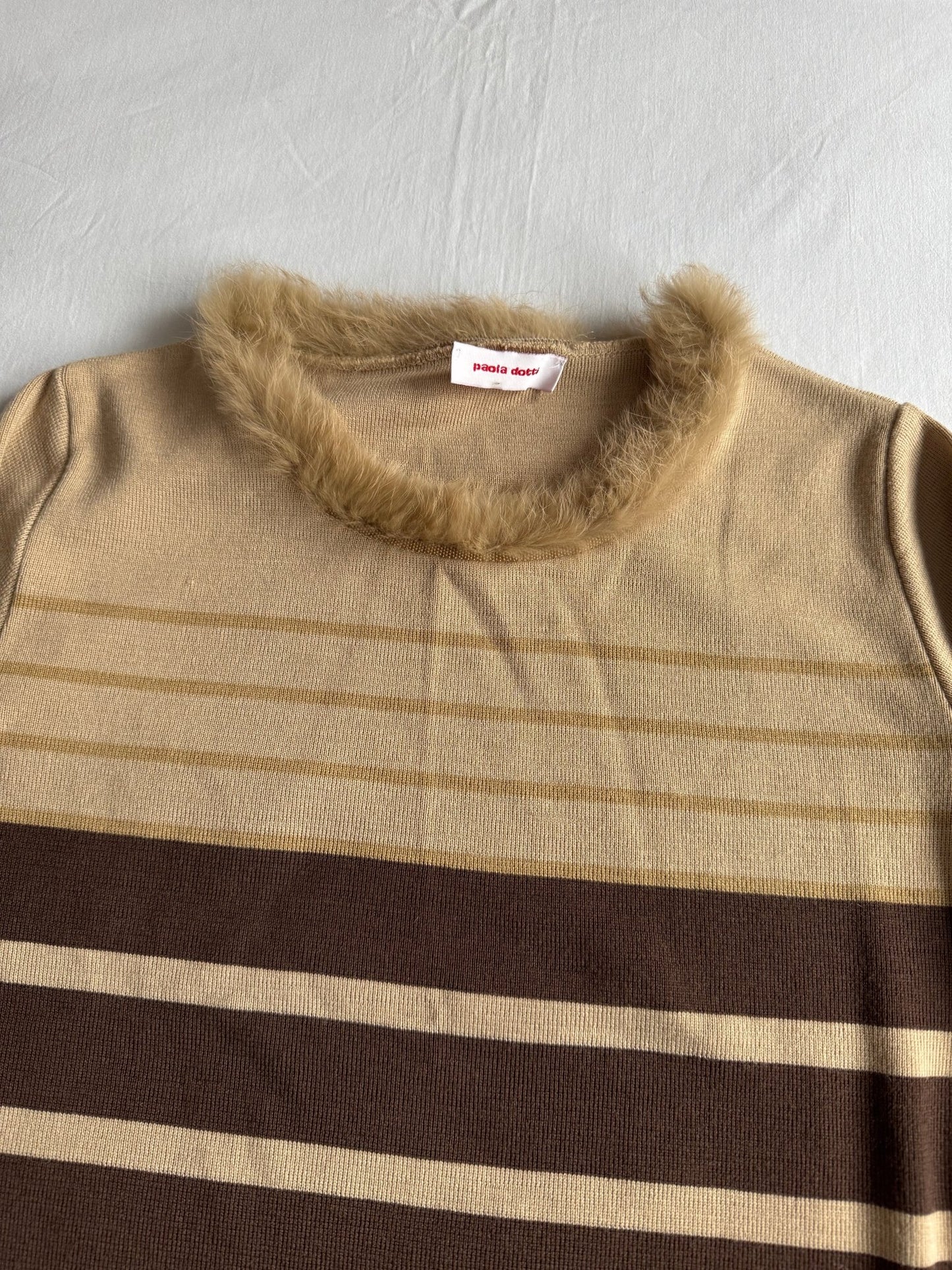 🧶 Pulover Y2K Damă Dungi din Lână Merino cu Guler din Blană Naturală – L - anbracaminte