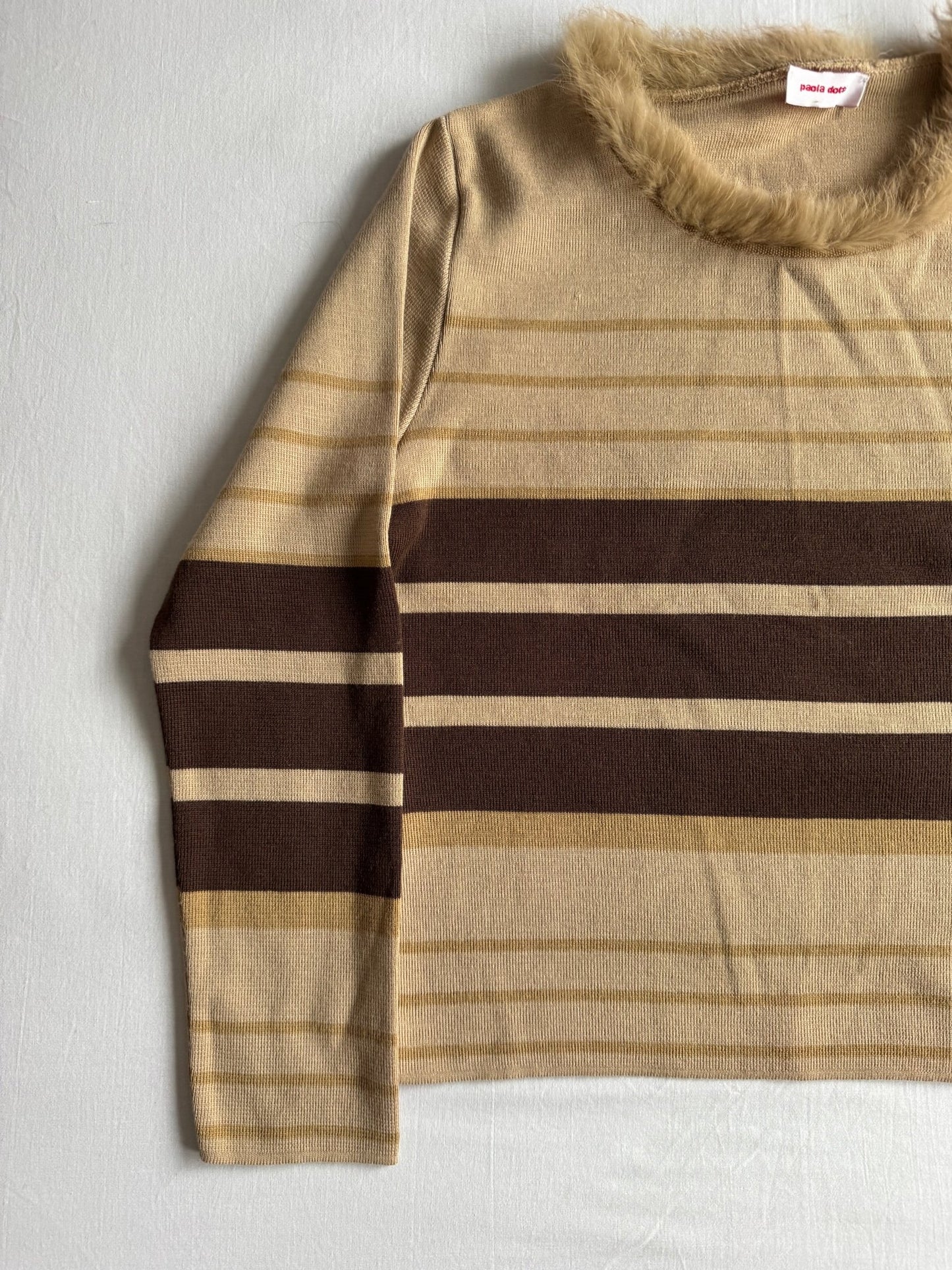🧶 Pulover Y2K Damă Dungi din Lână Merino cu Guler din Blană Naturală – L - anbracaminte