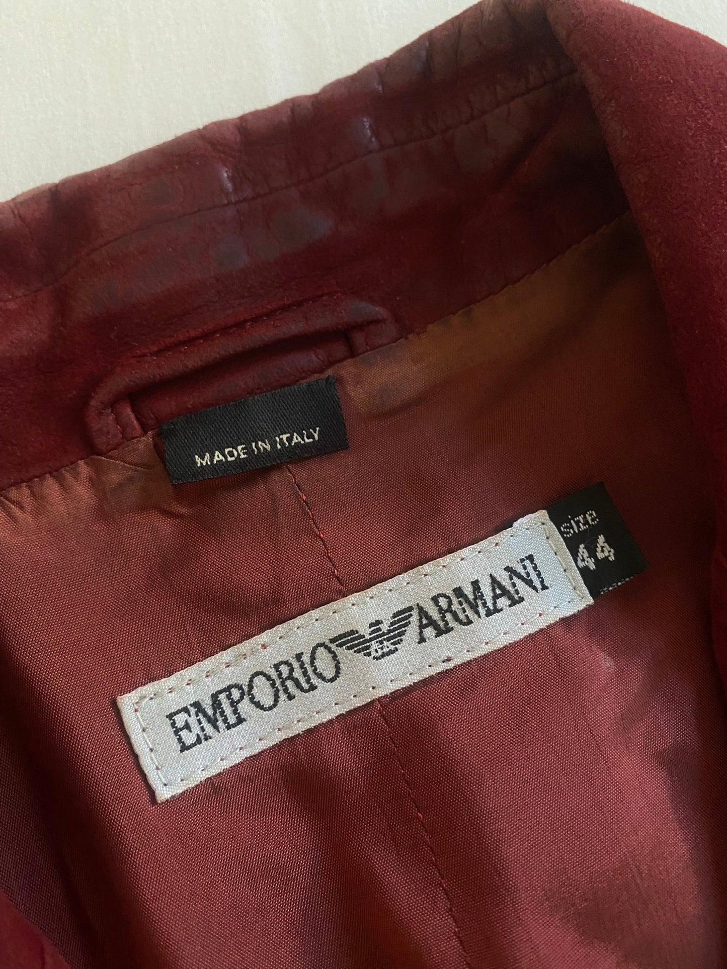 Sacou Vintage Emporio Armani – Piele Burgundy – Anii ’80 – Made in Italy – IT 44 - anbracaminte