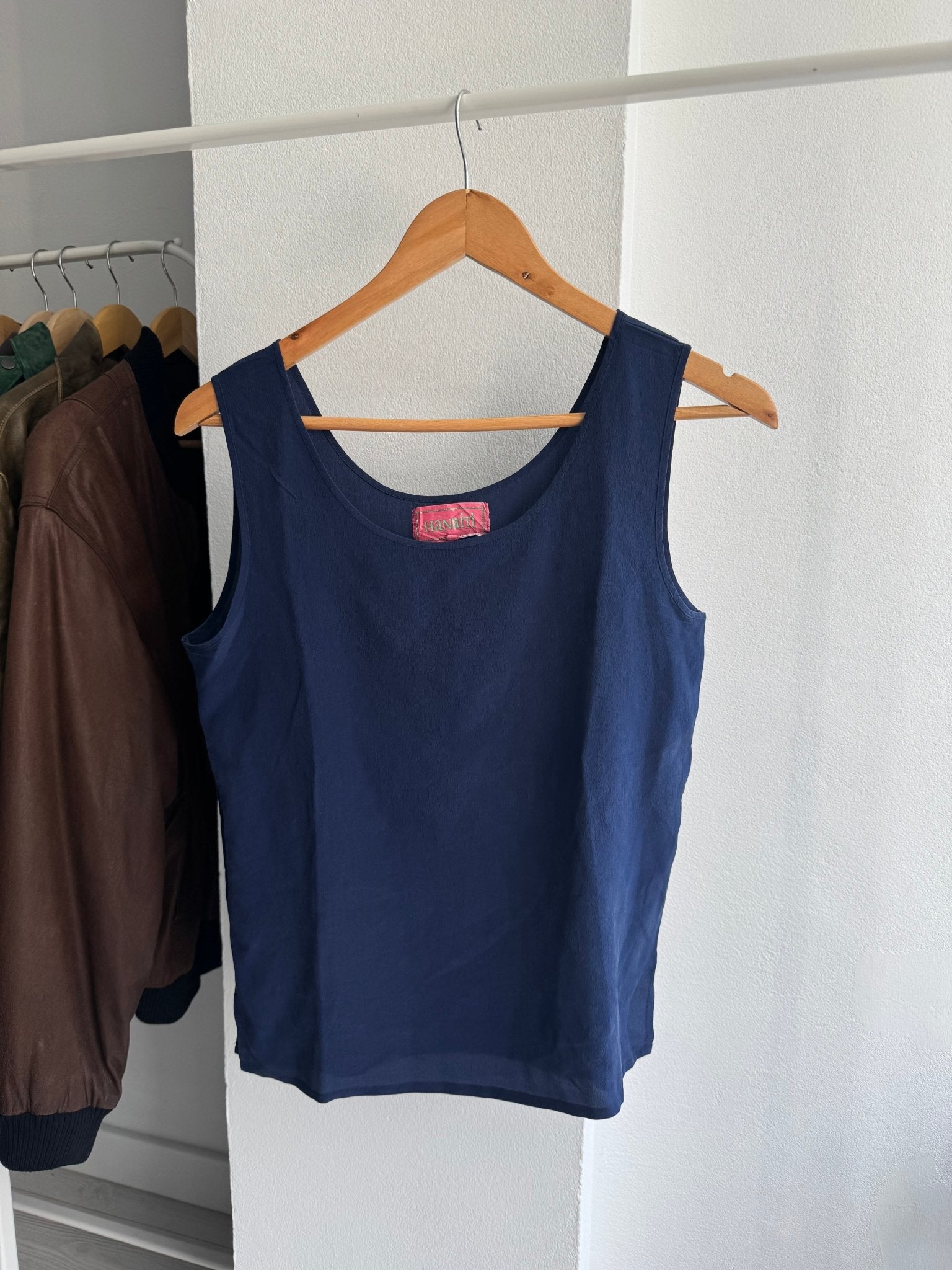 🌊 Tank Top Vintage Navy din Mătase – M Damă - anbracaminte