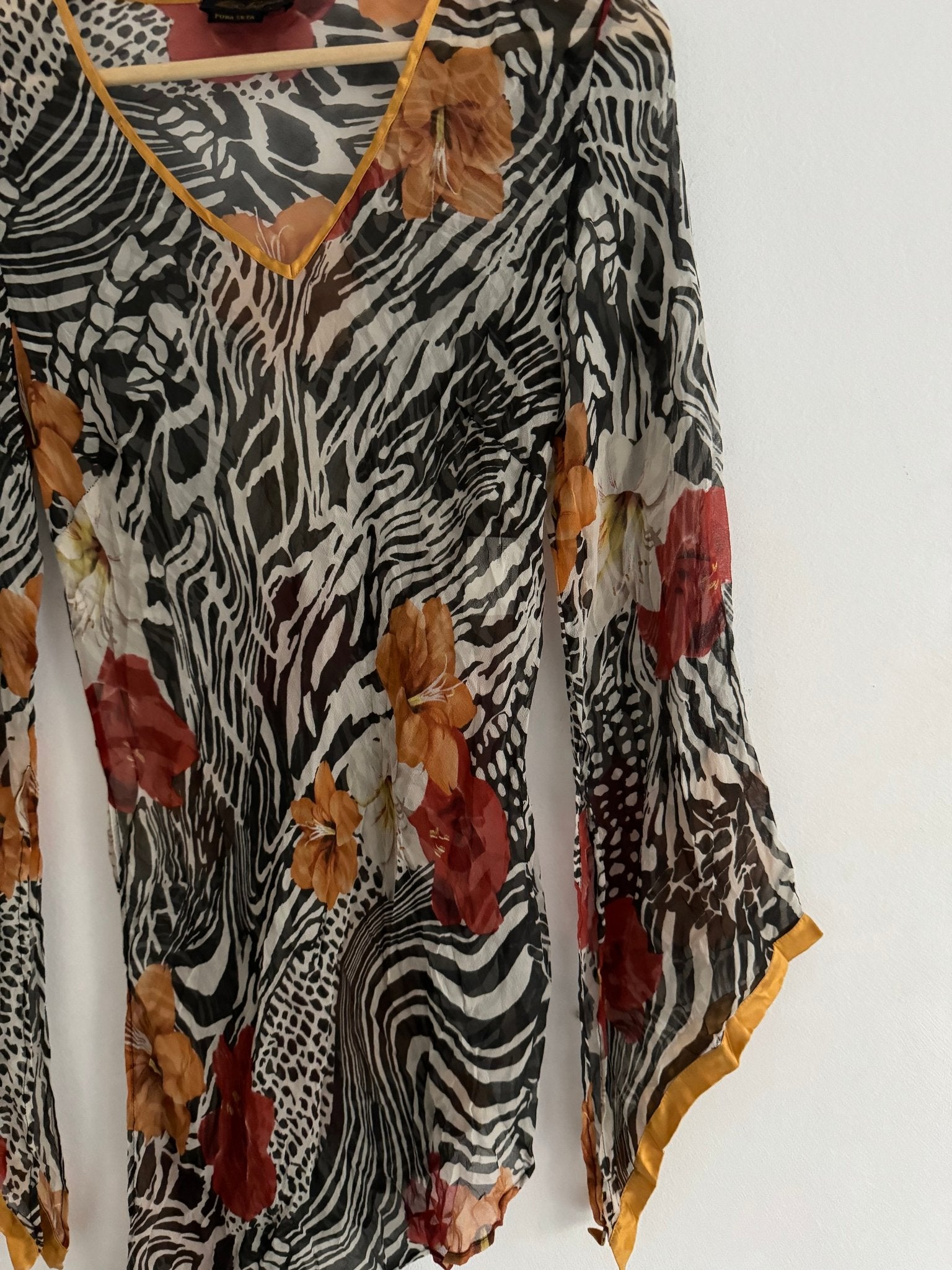 💐 🦓 Top Y2K Damă Luisa Spagnoli din Mătase cu Imprimeu Animal & Floral – S - anbracaminte