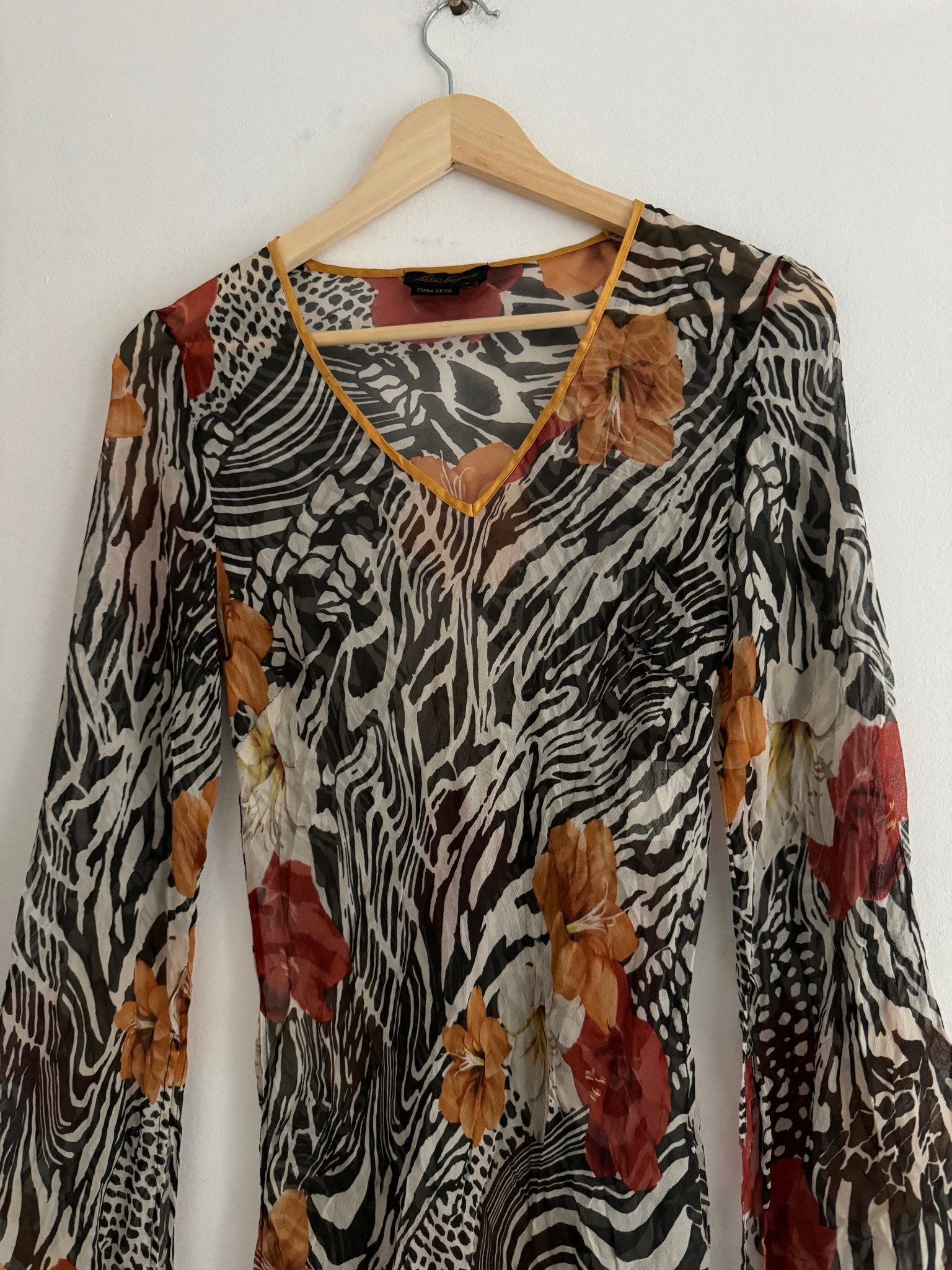 💐 🦓 Top Y2K Damă Luisa Spagnoli din Mătase cu Imprimeu Animal & Floral – S - anbracaminte