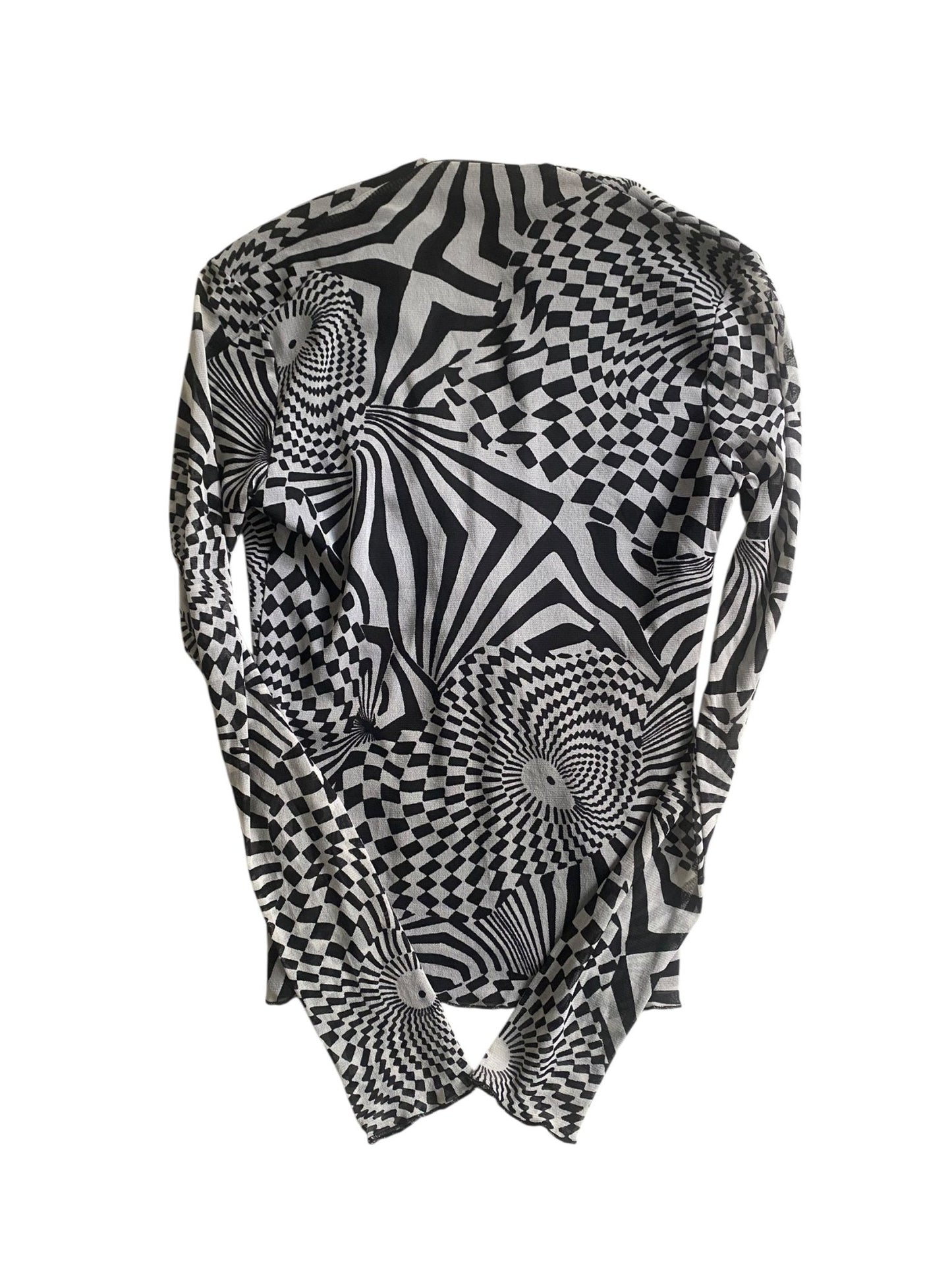 🖤 Top Y2K Mesh cu Imprimeu Abstract Alb - Negru, Mâneci Lungi – Mărimea S - anbracaminte