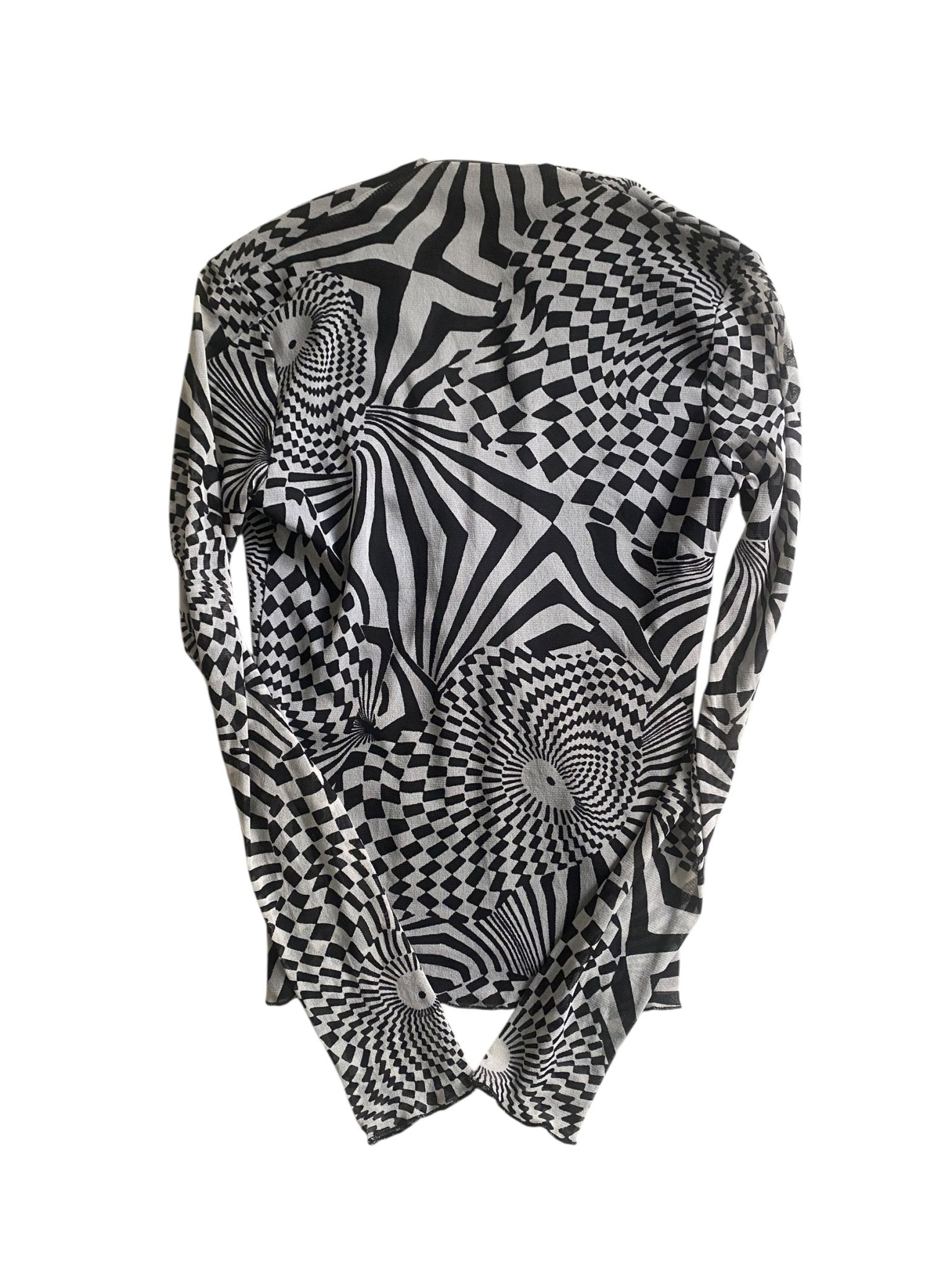 🖤 Top Y2K Mesh cu Imprimeu Abstract Alb - Negru, Mâneci Lungi – Mărimea S - anbracaminte