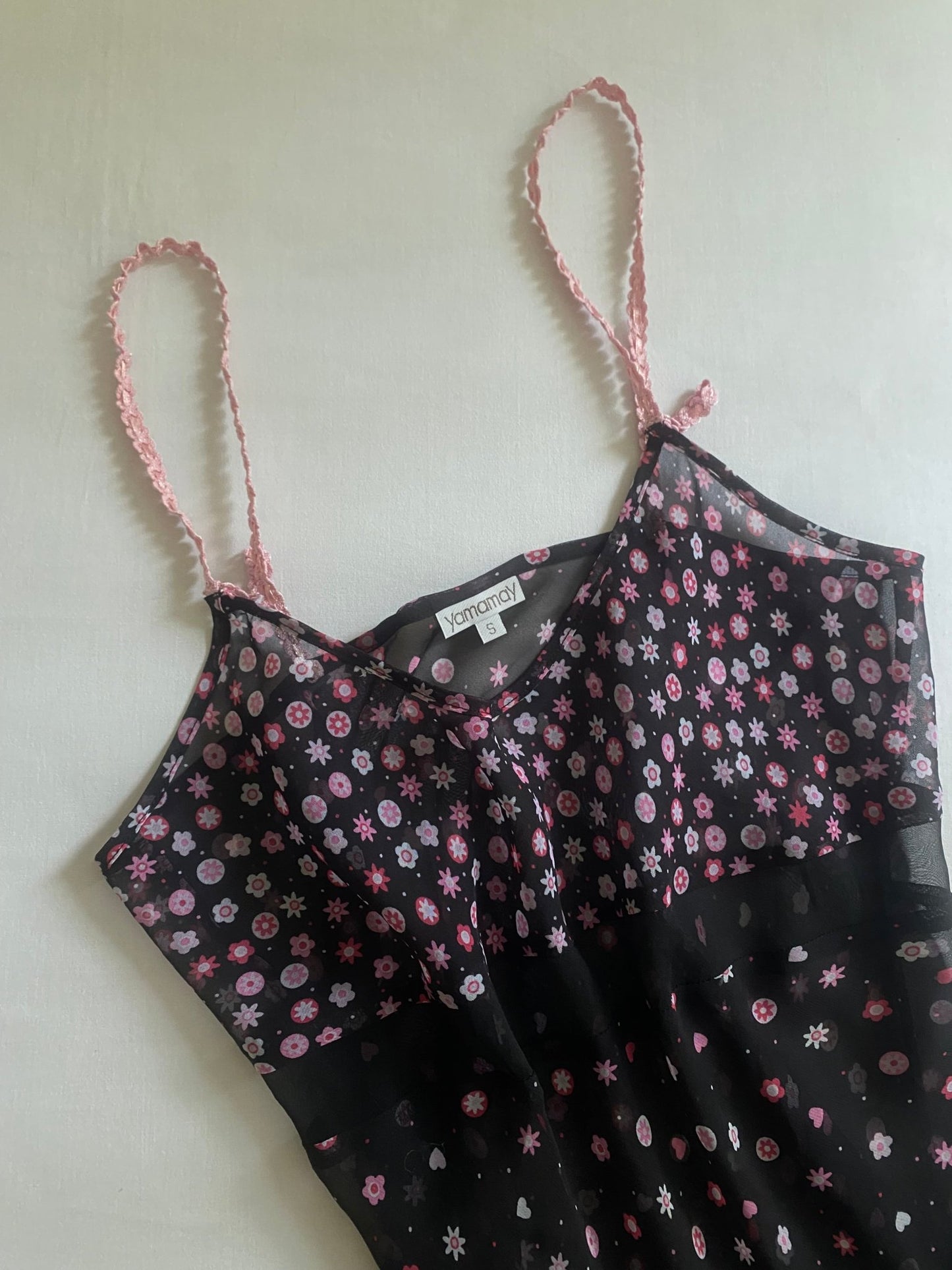 🖤 Top Y2K Mesh Negru cu Floricele și Bretele Croșetate – Mărime S - anbracaminte