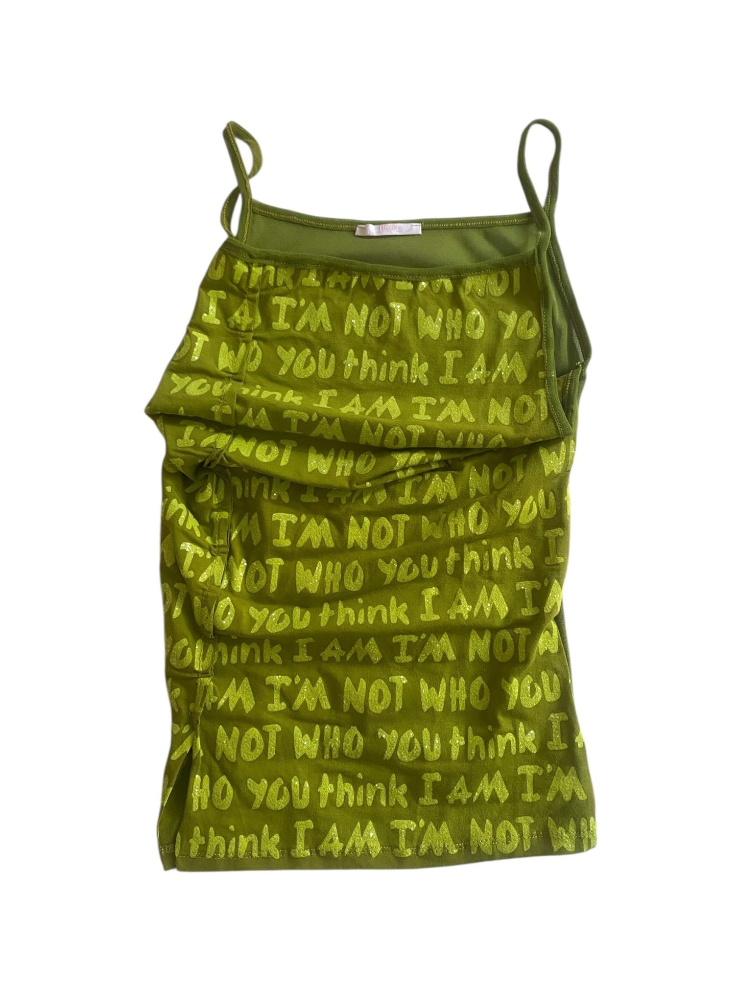 🧩 Top Y2K Verde cu Text – „I’m not who you think I am” – Mărime XS - anbracaminte
