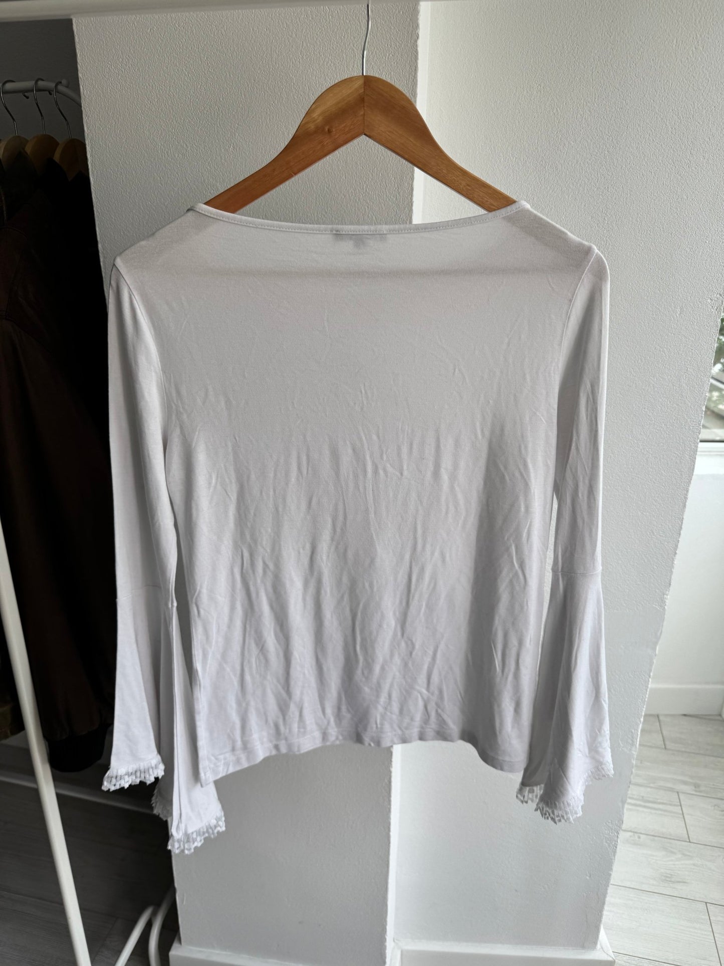 👼 Top Y2K White Printed cu Mâneci Flared – L Damă - anbracaminte