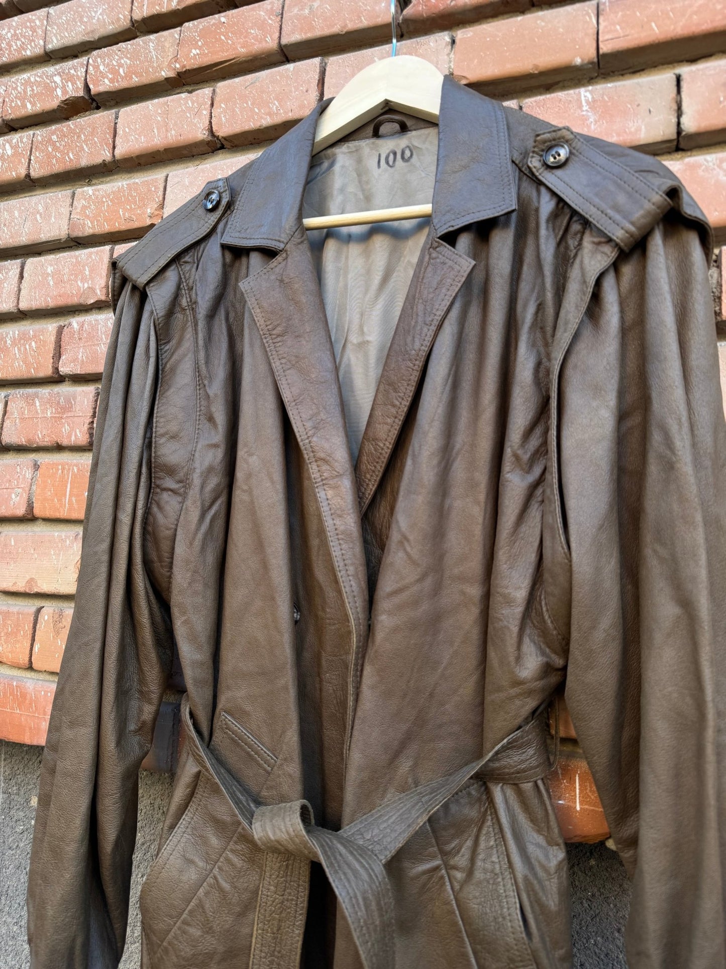 🫒 Trench Coat Vintage Damă din Piele Olive - Brown – M/L (40) - anbracaminte
