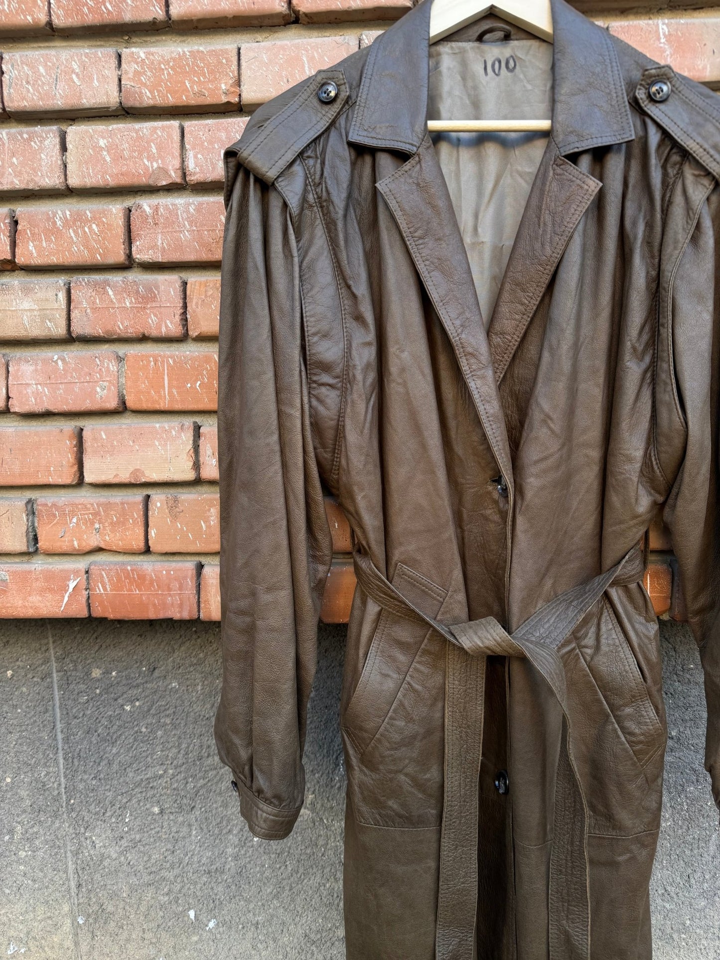 🫒 Trench Coat Vintage Damă din Piele Olive - Brown – M/L (40) - anbracaminte