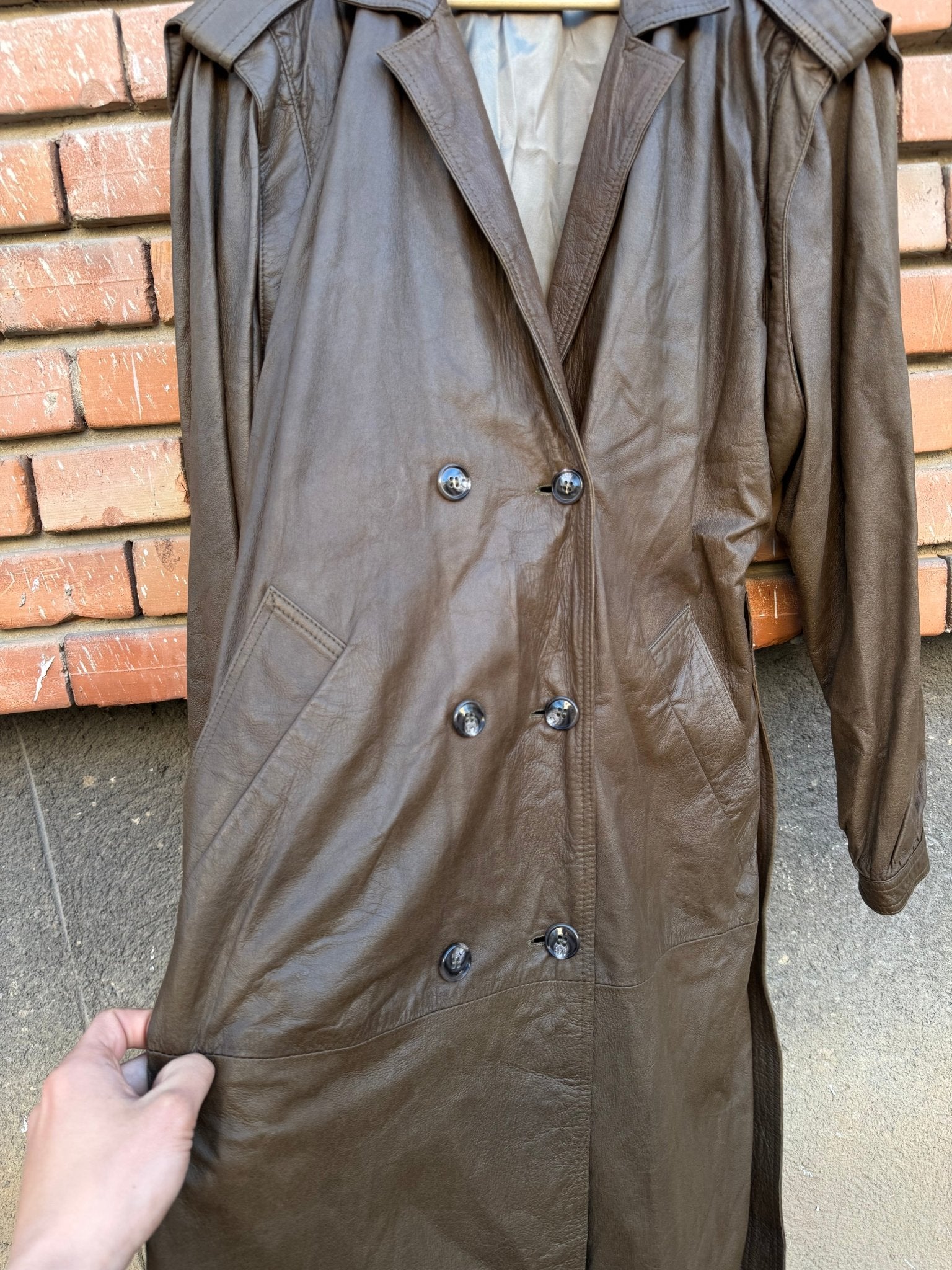 🫒 Trench Coat Vintage Damă din Piele Olive - Brown – M/L (40) - anbracaminte