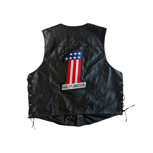 🏍️ Vestă Biker Vintage din Piele Neagră cu Patches & Fireman Clasp – XXL - anbracaminte