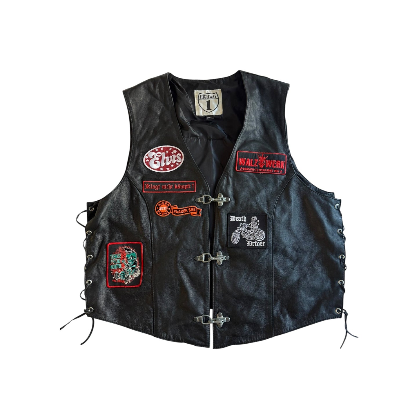 🏍️ Vestă Biker Vintage din Piele Neagră cu Patches & Fireman Clasp – XXL - anbracaminte