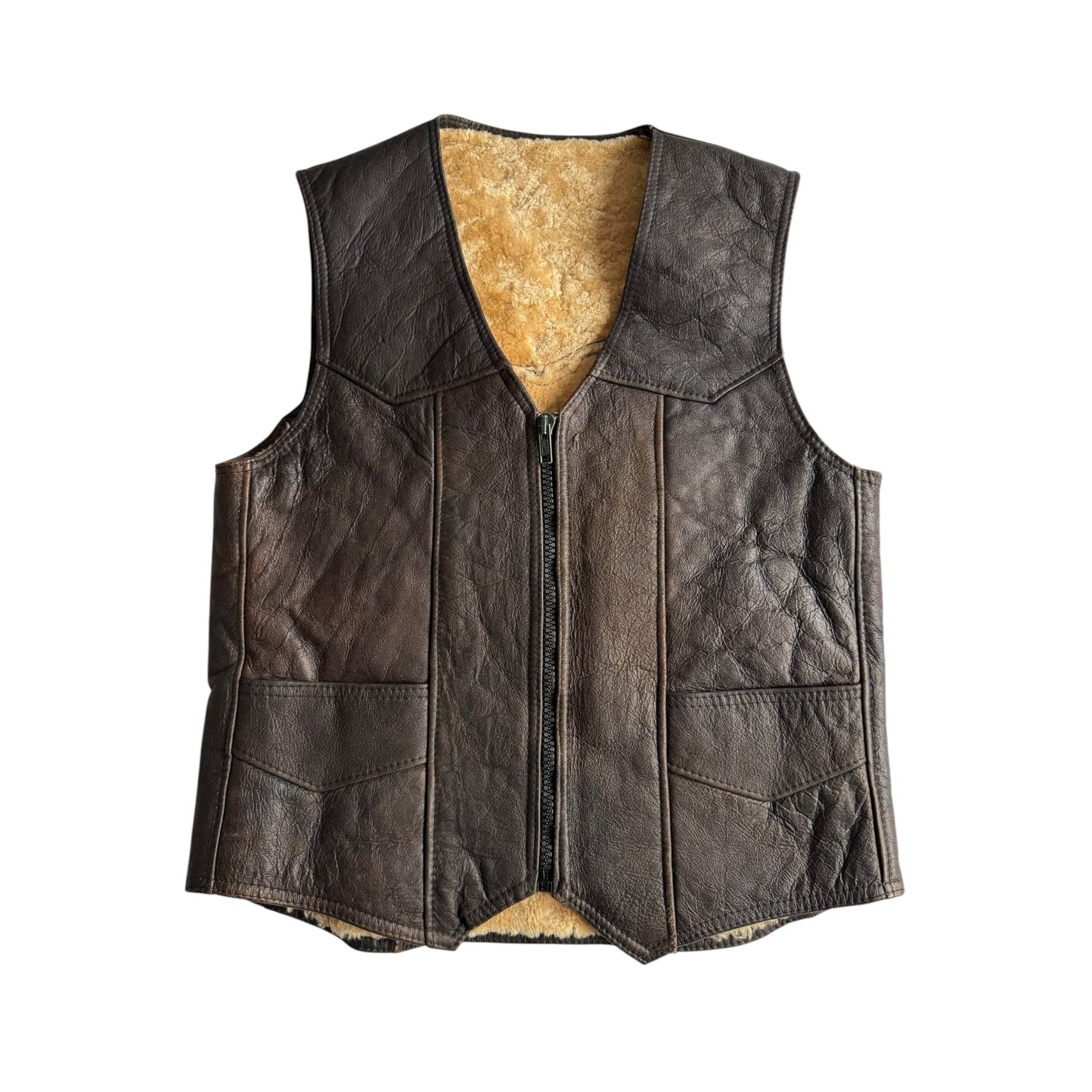 🐑 Vestă vintage din piele cu căptușeală din blană naturală / Maro (Mărimea 52 - L/XL) - anbracaminte