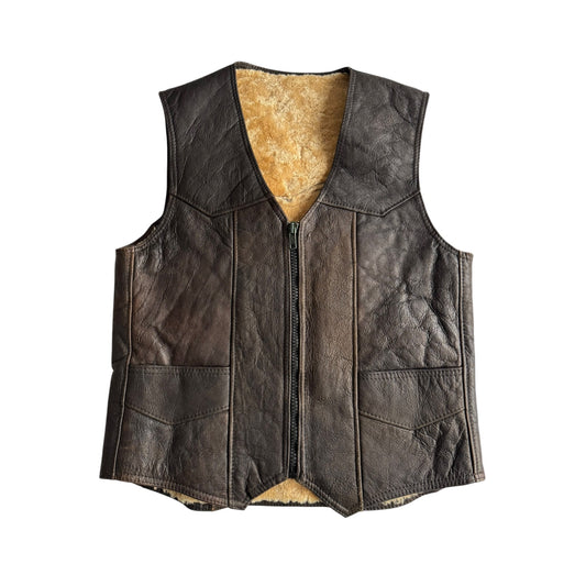 🐑 Vestă vintage din piele cu căptușeală din blană naturală / Maro (Mărimea 52 - L/XL) - anbracaminte