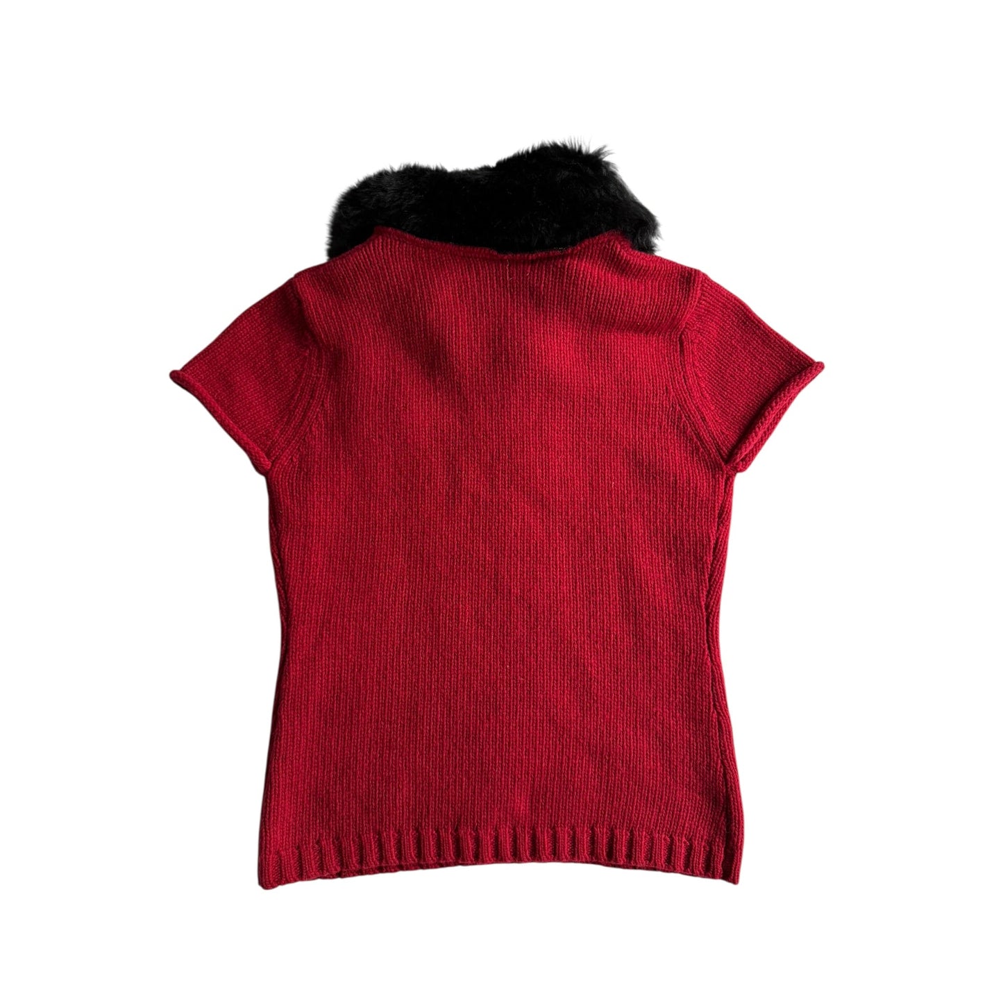 🧶 Vestă Y2K Damă Roșie Tricotată din Lână cu Guler din Blană Artificială – Aprox. S/M - anbracaminte
