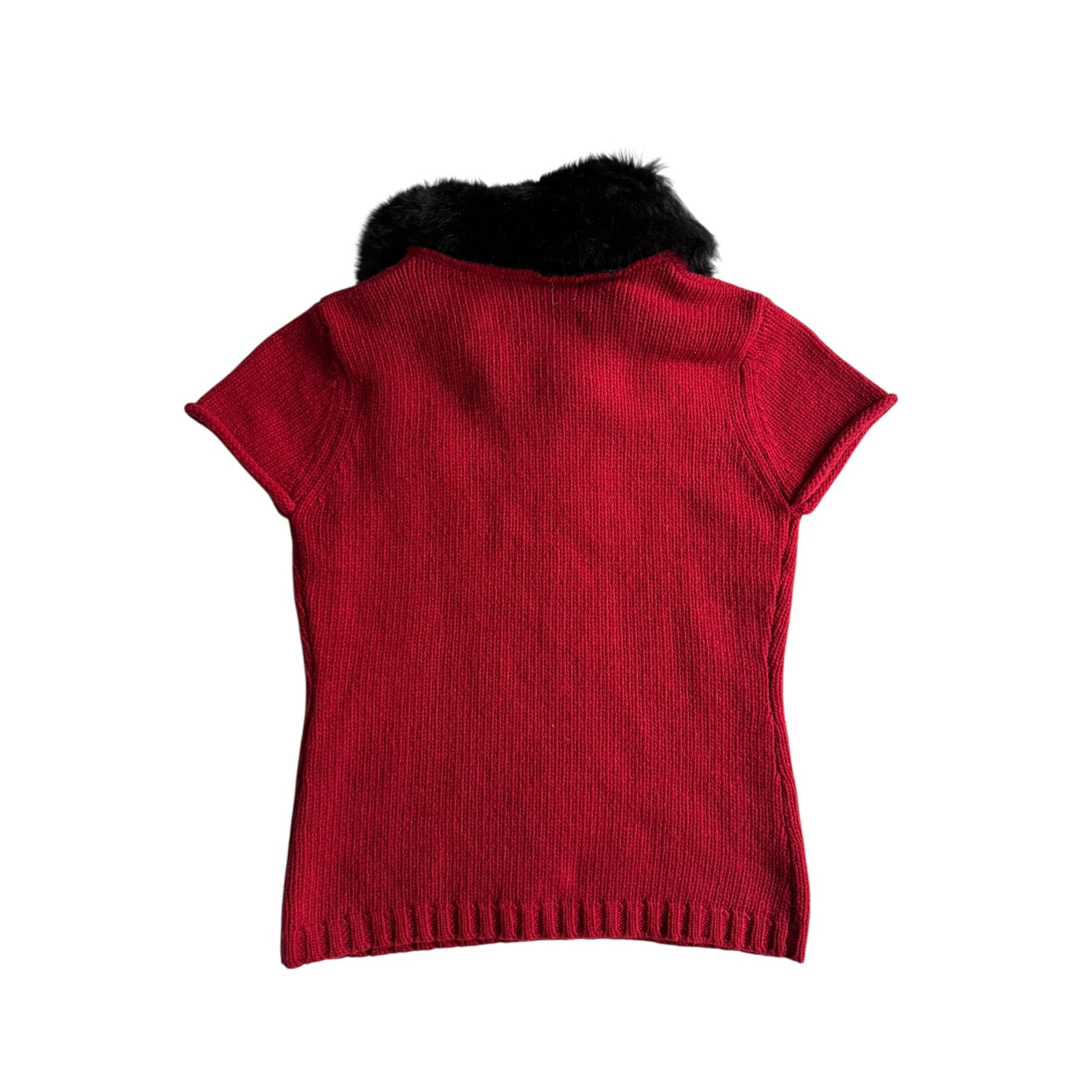 🧶 Vestă Y2K Damă Roșie Tricotată din Lână cu Guler din Blană Artificială – Aprox. S/M - anbracaminte