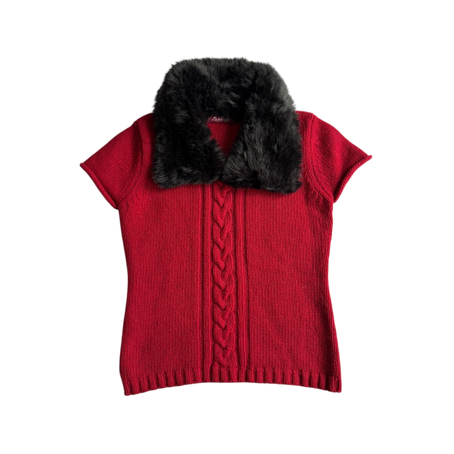 🧶 Vestă Y2K Damă Roșie Tricotată din Lână cu Guler din Blană Artificială – Aprox. S/M - anbracaminte