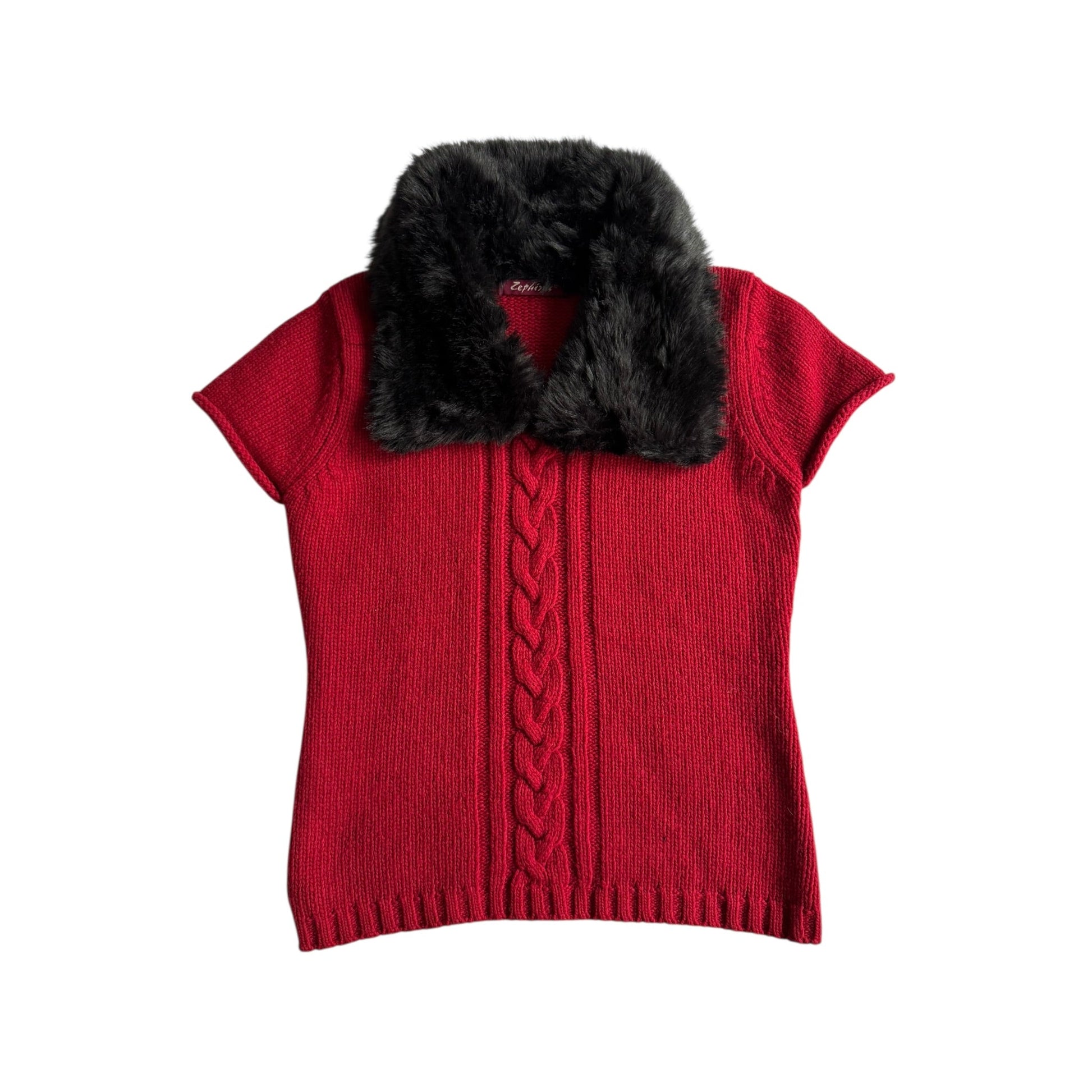 🧶 Vestă Y2K Damă Roșie Tricotată din Lână cu Guler din Blană Artificială – Aprox. S/M - anbracaminte