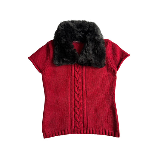 🧶 Vestă Y2K Damă Roșie Tricotată din Lână cu Guler din Blană Artificială – Aprox. S/M - anbracaminte