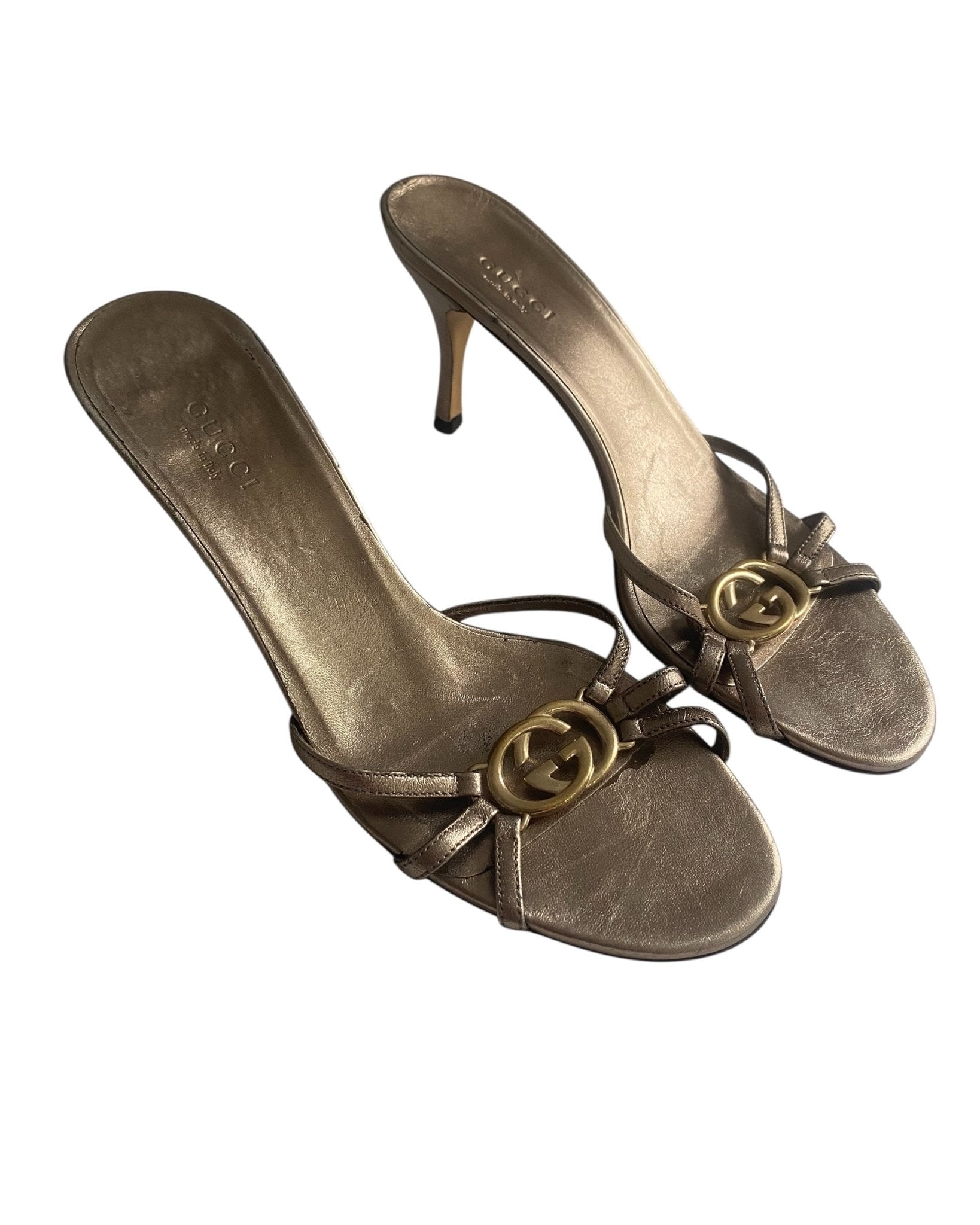 Vintage Gucci Double G Strappy Metallic Leather Sandal - anbracaminte
