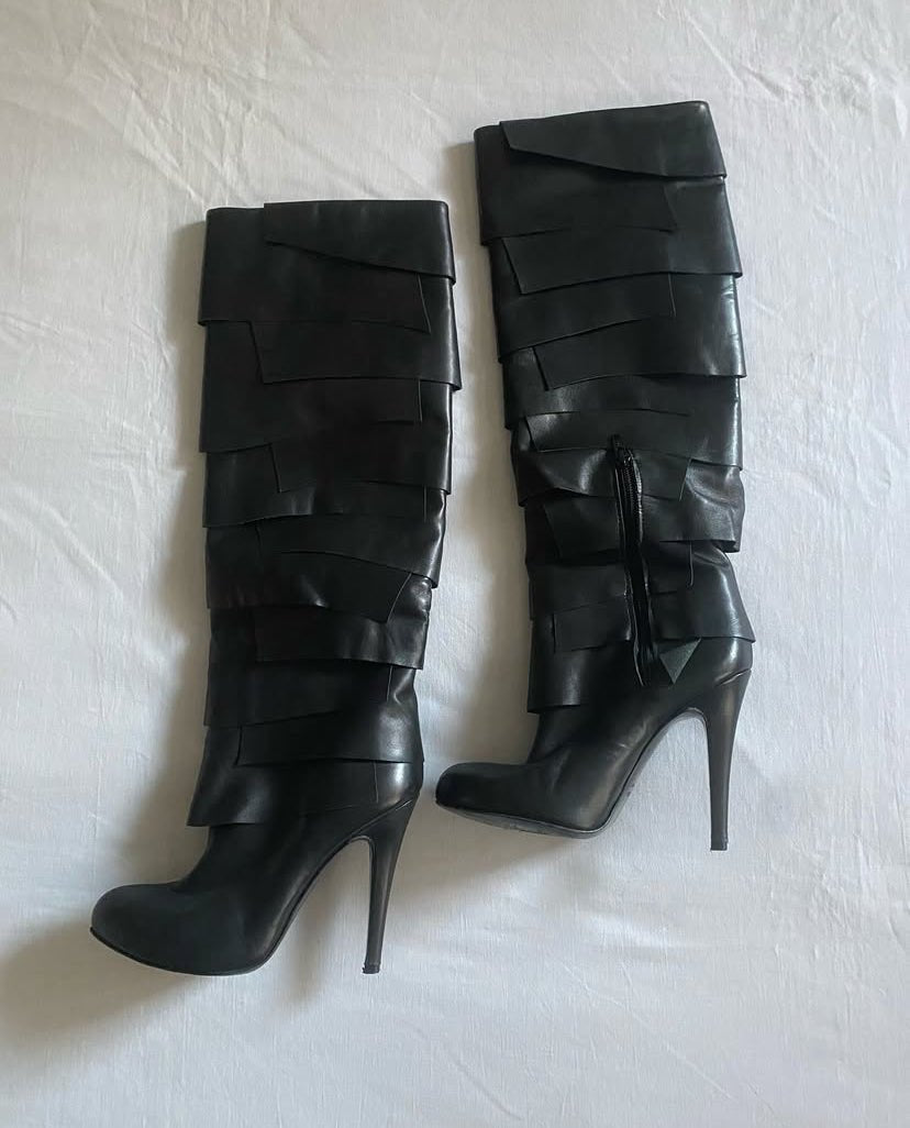 Vintage Y2K Galliano by John Galliano Black Leather Structured Boots - anbracaminte