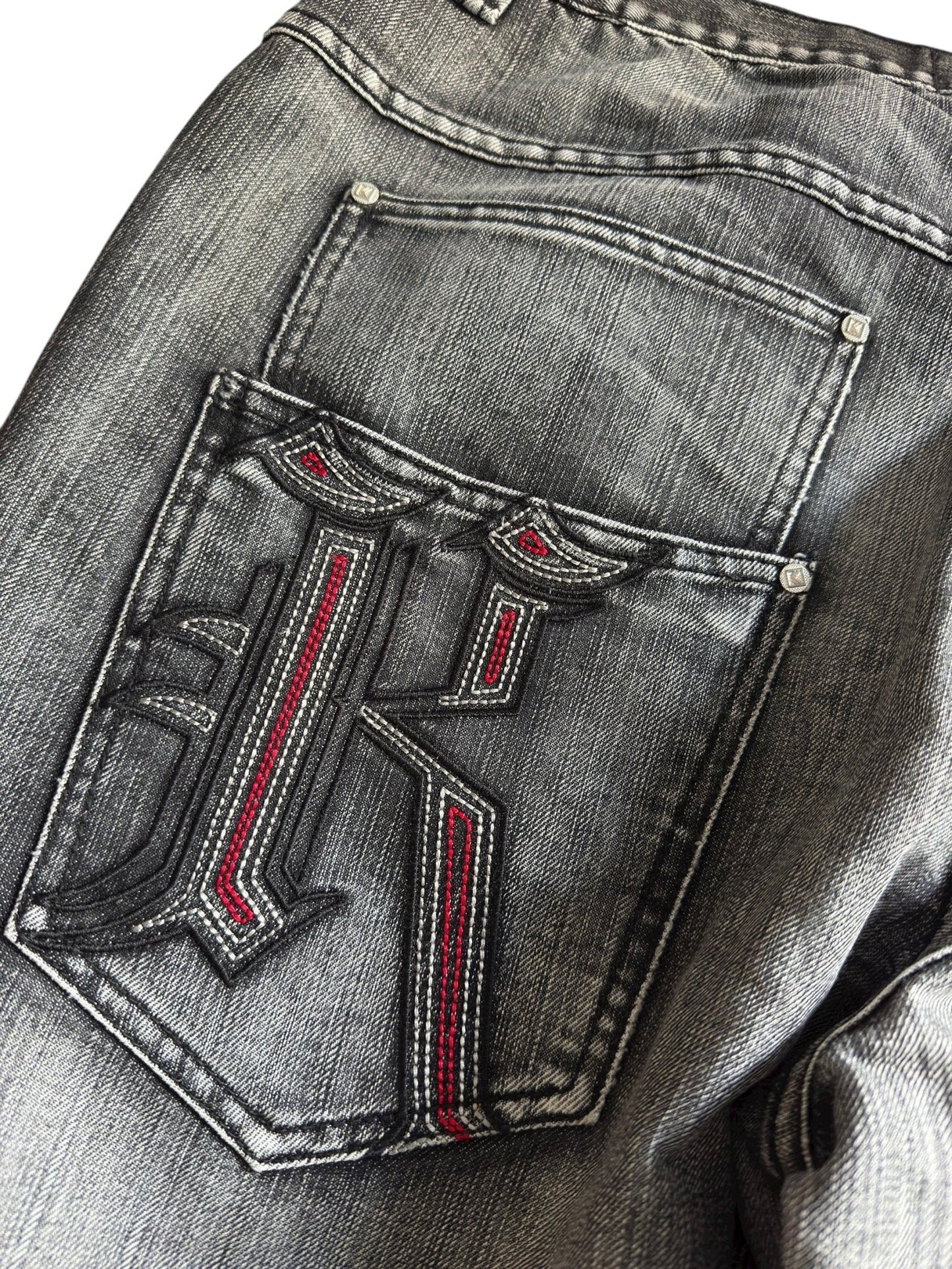 🎙️ Y2K Karl Kani Washed Black Baggy Jeans – W36 x L34 – Embroidered & Printed Details - anbracaminte