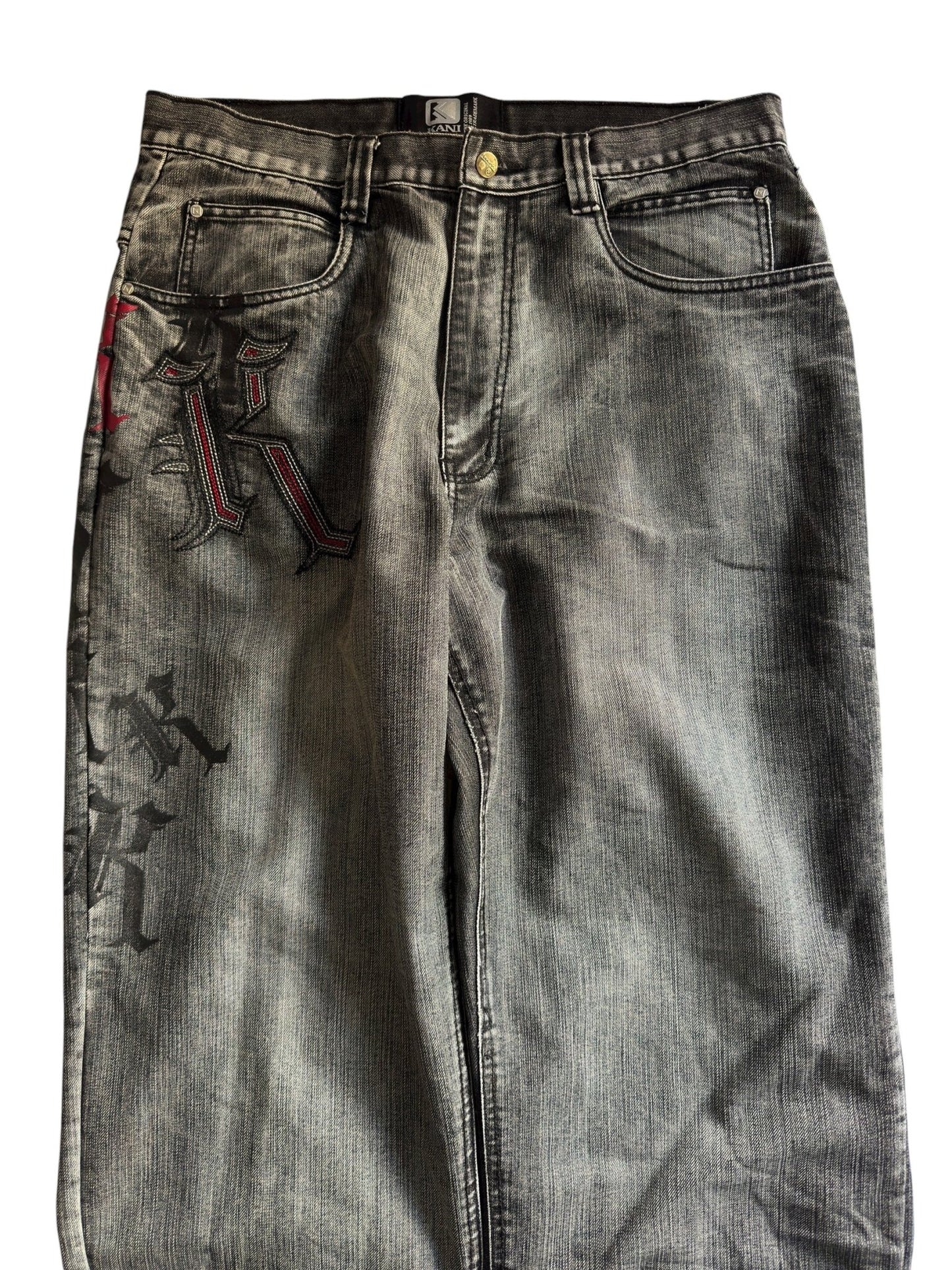 🎙️ Y2K Karl Kani Washed Black Baggy Jeans – W36 x L34 – Embroidered & Printed Details - anbracaminte