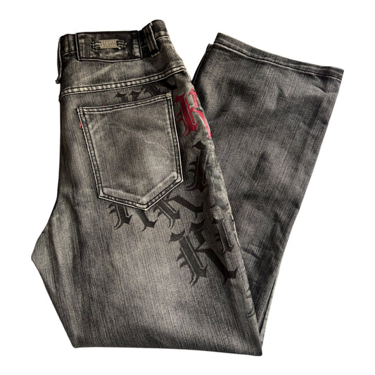 🎙️ Y2K Karl Kani Washed Black Baggy Jeans – W36 x L34 – Embroidered & Printed Details - anbracaminte