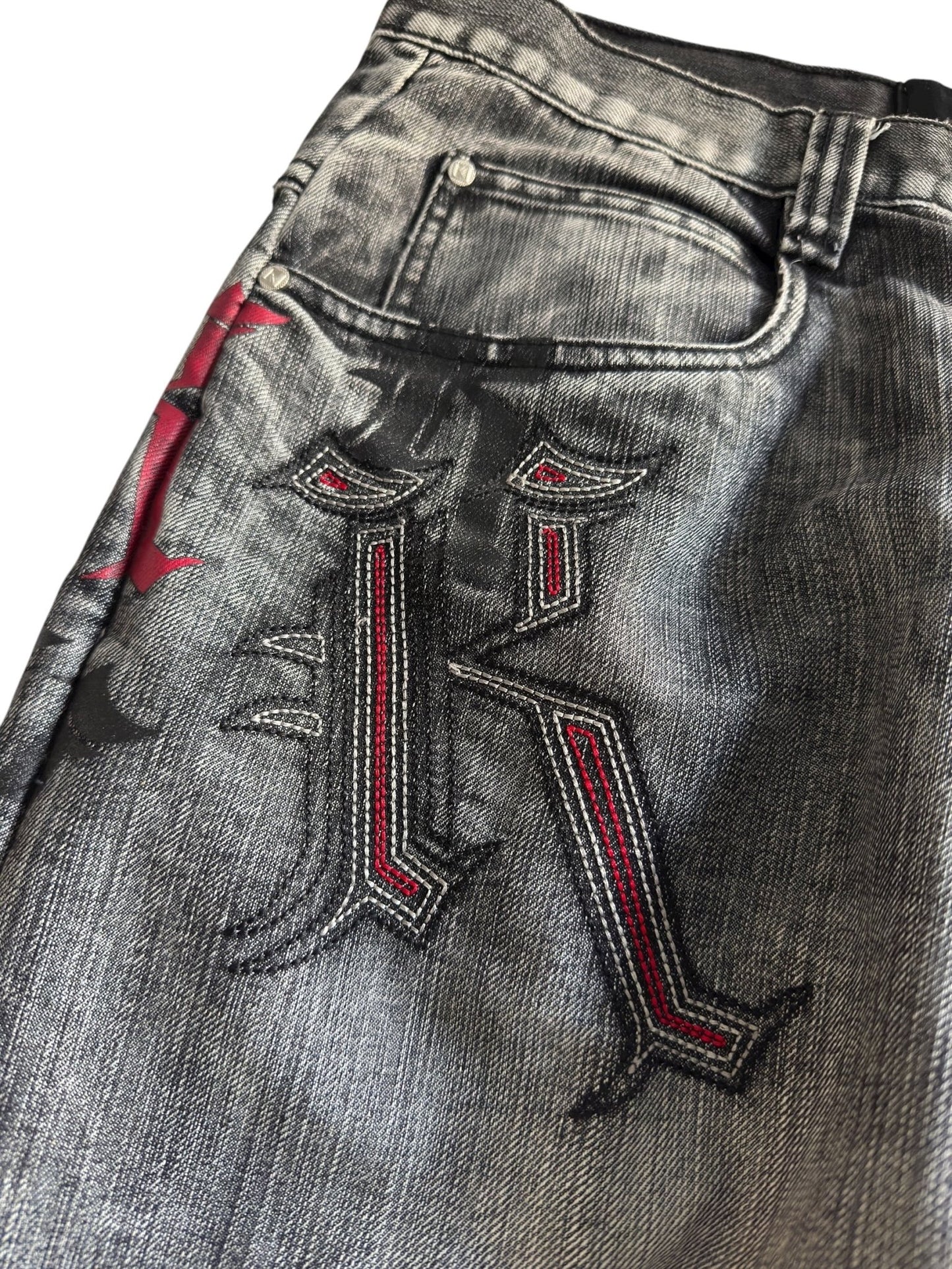 🎙️ Y2K Karl Kani Washed Black Baggy Jeans – W36 x L34 – Embroidered & Printed Details - anbracaminte