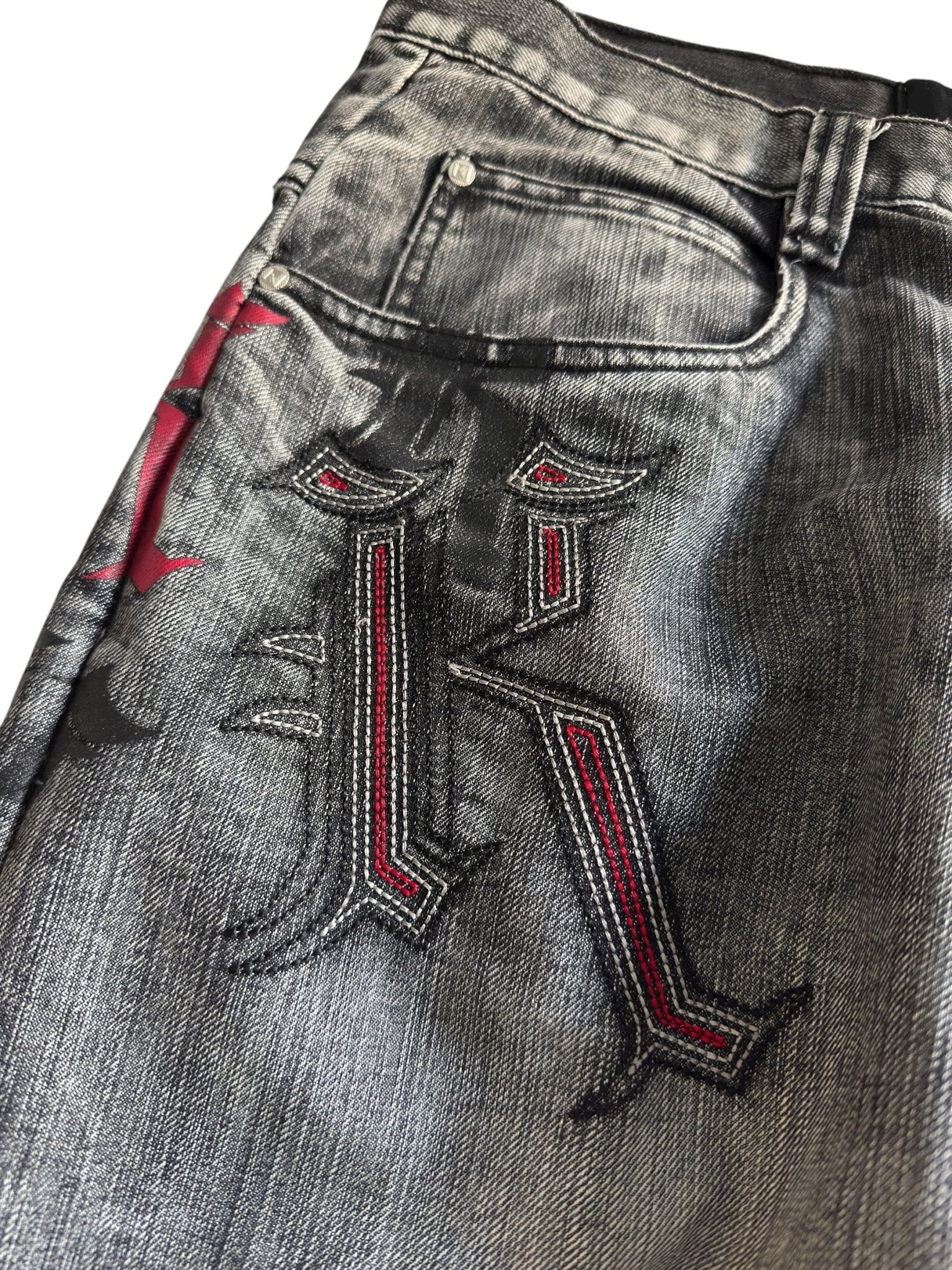 🎙️ Y2K Karl Kani Washed Black Baggy Jeans – W36 x L34 – Embroidered & Printed Details - anbracaminte